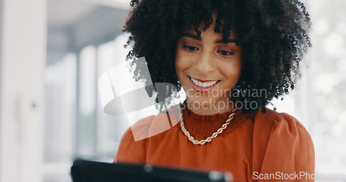 Image of Office. smile and business woman with tablet checking email or research for marketing project at startup. Social media, surfing internet or happy woman checking work schedule online at small business