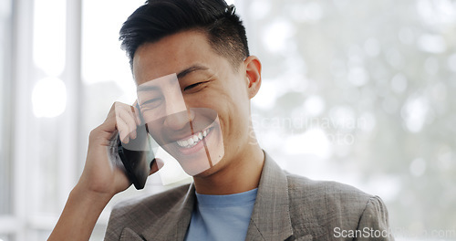 Image of Phone call, communication and Asian business man talking, speaking and chat to mobile contact. Digital smartphone conversation, discussion and employee happy, laughing and networking in Japan office