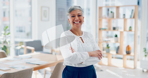 Image of Senior, ceo or face of a woman in leadership with pride, success or growth mindset in a office building. Portrait, mentor or executive manager with business experience, marketing knowledge or vision