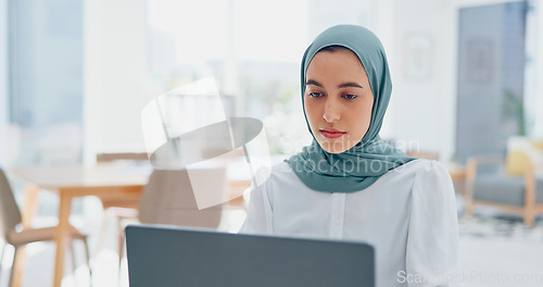 Image of Corporate muslim woman, laptop or office for email communication, digital marketing or seo with vision. Islamic social media expert, mobile computer or typing at desk in startup for planning in Dubai