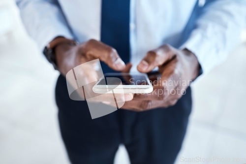 Image of Black man hands , phone screen and digital communication with 5g connection. Writing, social media scroll and email typing business employee outdoor networking online on technology and internet