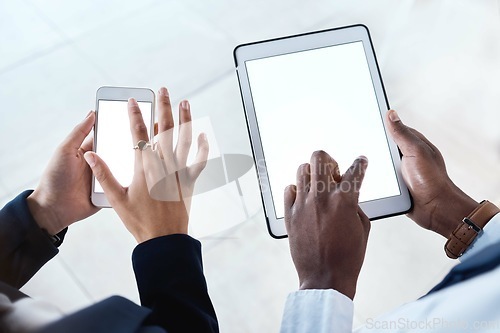 Image of Business people, hands and tablet with screen on mockup above in corporate networking, advertising or marketing. Hand of employee team on touchscreen or phone display for digital advertisement or app