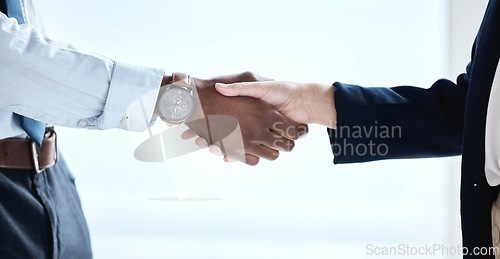 Image of Handshake, b2b deal and thank you hand sign of a business agreement in crm meeting. Leadership, contract success and office team shaking hands for an interview, onboarding and hiring congratulations