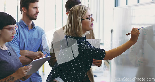 Image of Presentation, mentor and writing with business people in meeting for strategy, branding or marketing chart. Agenda, data or collaboration with woman speaker in workshop for leadership and planning