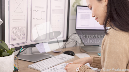 Image of Woman, developer and wireframes with technology in design, planning or strategy at the office. Creative female designer working with layouts by computer for app development or project plan at work