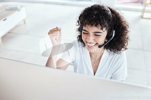 Image of Customer service computer, consulting celebration and happy woman telemarketing on contact us CRM or telecom. Call center fist pump, online ecommerce sale or excited information technology consultant