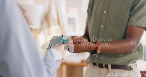 Image of Shopping, hands and payment with nfc credit card for woman customer checkout transaction zoom. Contactless electronic machine purchase tech at store with bank card for digital money transfer.