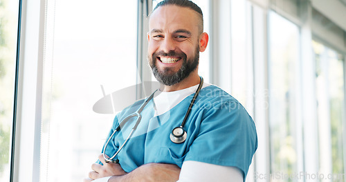 Image of Mature man, face or nurse arms crossed in hospital with surgery ideas, life insurance vision or medical wellness goals. Portrait, happy smile or healthcare worker in medicine trust innovation or help