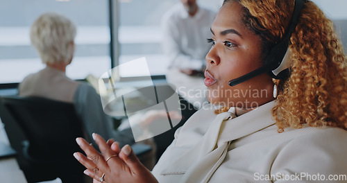 Image of Call center woman, communication and explain for customer service, help and advice in office for career. Black woman, crm expert or consultant for contact us, customer support and consulting clients