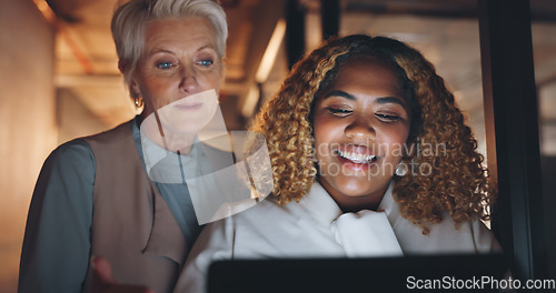 Image of Business women, mentor and collaboration with advice, executive and employee working together with tablet. Communication, agreement and partnership with team and face zoom, discussion and technology.