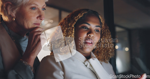 Image of Business women, mentor and collaboration with advice, executive and employee working together with tablet. Communication, agreement and partnership with team and face zoom, discussion and technology.