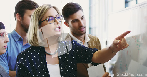 Image of Presentation, mentor and coaching with woman in meeting pointing for strategy, branding or analytics chart. Agenda, data or collaboration with business people in workshop for leadership and planning