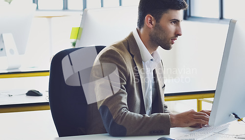 Image of Office computer, focus and business man reading review of financial portfolio, stock market database or investment budget. Administration, accounting or crypto trader trading bitcoin, NFT or forex