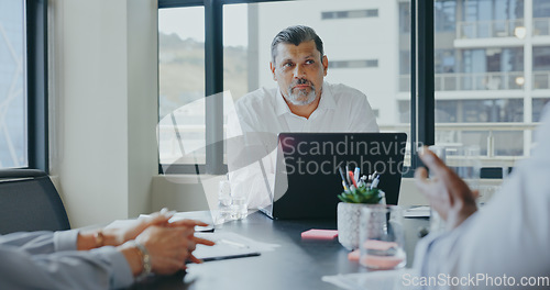 Image of Senior business people, laptop or boardroom meeting in company financial planning, stock market investment or insurance paper innovation. Happy smile, talking finance workers or ceo partners on tech