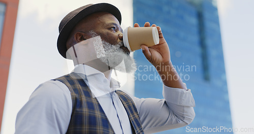 Image of Black senior businessman, coffee and standing city for morning routine, positive mindset vision and remote travel for work. African man, drinking tea and thinking outdoor in New York for traveling