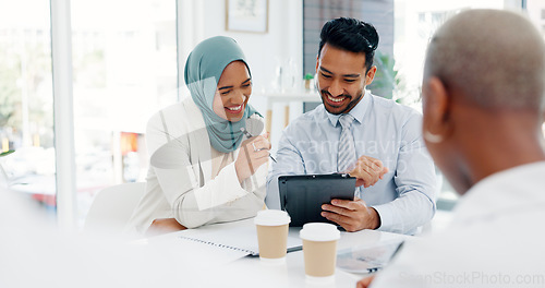 Image of Research, diversity or business people on laptop in office for marketing strategy, web SEO growth or business meeting. Teamwork, happy or collaboration on tech planning, social media or network blog