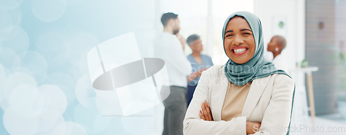 Image of Face of a muslim business woman in hijab, proud for company values, mission and inclusion culture in office. Workplace, corporate and happy islamic employee or worker with vision, goals and laughing