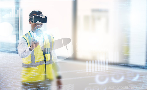 Image of Construction, futuristic and architect with virtual reality and man, digital transformation and metaverse with architecture. VR goggles, future technology overlay and building with hologram and 3D