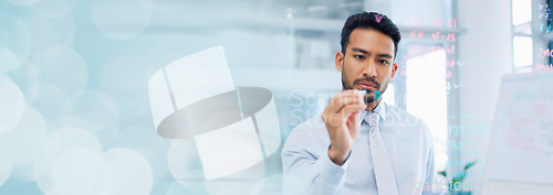 Image of Thinking, strategy and serious businessman writing on glass wall with thoughtful analysis in office. Brainstorming, planning and vision of corporate worker with focus, concentration and idea.