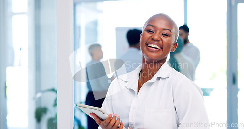 Image of Face, corporate and black woman with tablet, smile and digital marketing for sales growth, goals and workplace. Portrait, African American female employee or leader with happiness and online schedule