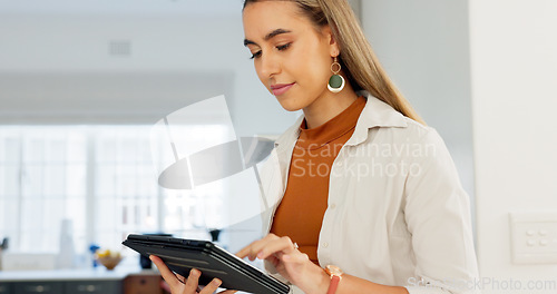 Image of Couple, digital tablet and cooking with online recipe on the kitchen. Young man cutting vegetables and woman reading instructions on the internet, web or food website. while preparing healthy meal