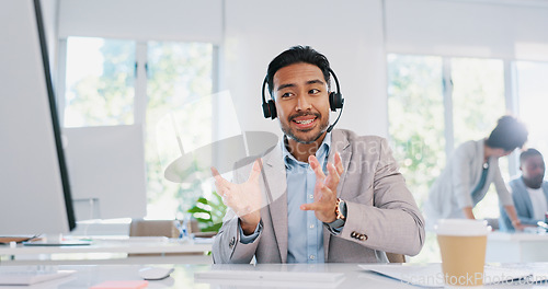 Image of Customer service, call center and man consulting in office workplace. Crm, customer support and telemarketing worker, sales agent or happy male consultant talking, networking or communication at desk