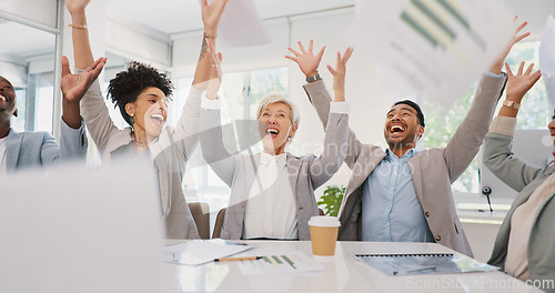 Image of Business people, throwing paper or success meeting in winner finance planning, company growth goals or target motivation. Happy smile, flying documents or excited financial teamwork in diversity kpi