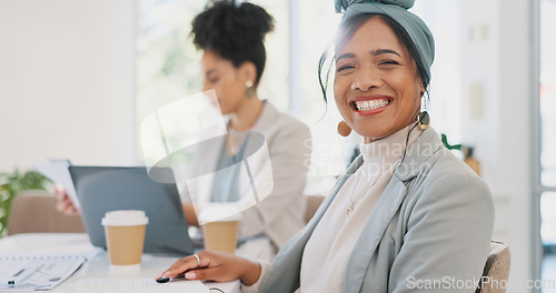 Image of Face, leadership and woman in meeting in office ready for tasks, goals or targets. Ceo, boss and happy female entrepreneur with vision, mission and success mindset sitting with coworker in workplace.