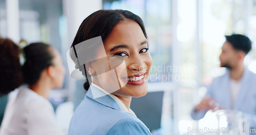 Image of Happy woman, portrait or internship in office meeting, boardroom training or diversity teamwork collaboration. Smile, corporate or business opportunity in global finance company or strategy planning