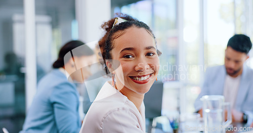 Image of Happy woman, portrait or internship in office meeting, boardroom training or diversity teamwork collaboration. Smile, corporate or business opportunity in global finance company or strategy planning