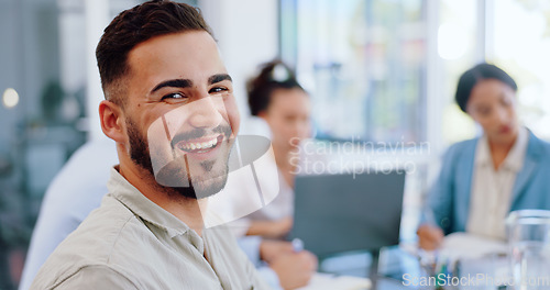 Image of Happy businessman, portrait or internship in office meeting, boardroom training or diversity teamwork collaboration. Smile, corporate or new opportunity worker in global finance company for planning
