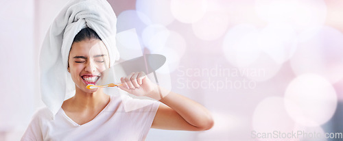Image of Toothbrush, woman and cleaning teeth on banner, bokeh background and mockup space of dental wellness. Happy girl brush mouth for mint breath, cosmetics and beauty of skincare, shower and mock up face
