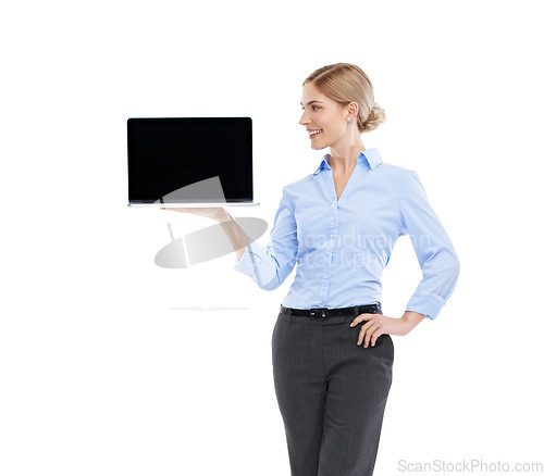 Image of Laptop, mockup and happy business woman in studio, isolated white background and advertising space. Worker, female model and mock up computer screen, website technology and digital marketing platform