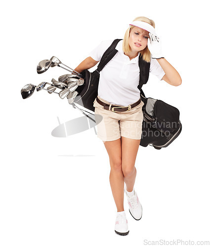 Image of Golf woman, headache and studio with bag, overworked stress, tired and sports by white background. Isolated golfer girl, iron or golf club backpack for training, sport or pain in head at competition