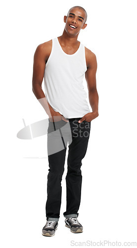 Image of Fashion, stylish and portrait of black man with a smile for clothing, confidence and happiness. Happy, cool and an African clothes model with confident body language in Germany on a white background