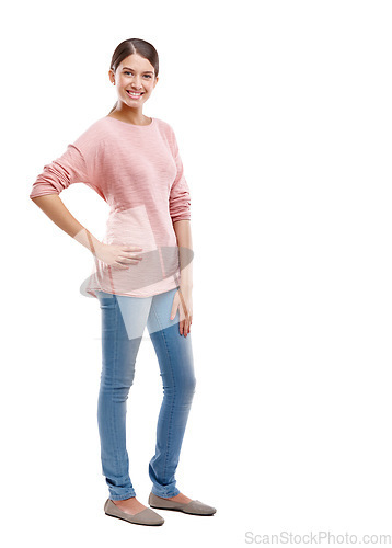 Image of Portrait, fashion and mockup with a woman in studio isolated on a white background for marketing or advertising. Product, brand and logo with an attractive young female posing on blank mock up space