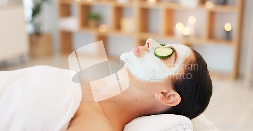 Image of Beauty, skincare and luxury spa face mask for woman at professional salon for anti aging treatment for acne and wrinkles. Health, wellness and relax, skin care with mask facial for healthy lifestyle.