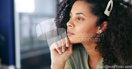 Image of Computer, face or startup black woman programmer for computer cloud, app coding or digital schedule in office. Tech, cyber employee thinking of ai software code, UX programming or UI data analytics