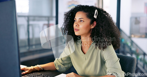 Image of Computer, startup or happy black woman programmer for cybersecurity, app coding or digital calendar in office. Hacker, tech or employee with pc writing software code, programming or data analytics.