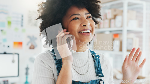 Image of Black woman, phone call and ecommerce logistics in office, creative local startup and e commerce retail company. Smile, happy or networking worker with communication technology for customer shipping