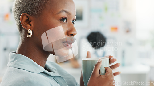 Image of Black woman drink coffee, thinking and relax in work office remember happy memory on job break. Young, calm and South African girl employee or manager smile, enjoy and drinking relaxing morning tea