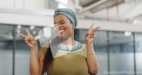 Image of Peace hands, happy black woman and face for success, motivation and pride in african culture, office building and Ghana. Portrait of female worker, winner and victory sign, emoji and fun celebration