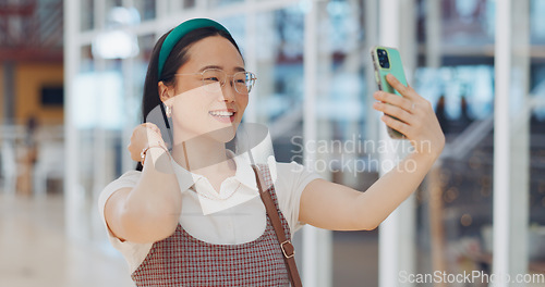 Image of Selfie, phone and asian business woman smile in office for social media, marketing and employee happiness. Smartphone photography, happy management motivation and positive mindset success on mobile