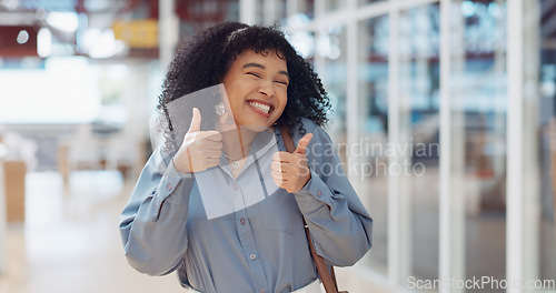 Image of Business, office and happy black woman with thumbs up for corporate motivation, company mission success and career achievement. Yes, like and portrait of excited African employee with emoji hand sign