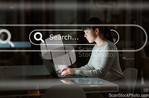 Image of Digital marketing, overlay or woman typing to search for content on internet, website or online in office. Night, laptop or focused worker researching SEO information or tech data analytics on iot ai