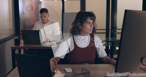 Image of Corporate woman, night and computer for typing, reading or planning at social media marketing job. Seo expert, late and businessman in office with laptop, focus or digital marketing strategy for goal