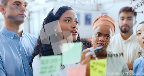 Image of Black woman, leadership and presentation with sticky notes in business meeting, teamwork collaboration and brainstorming strategy. Team, african woman leader and team training