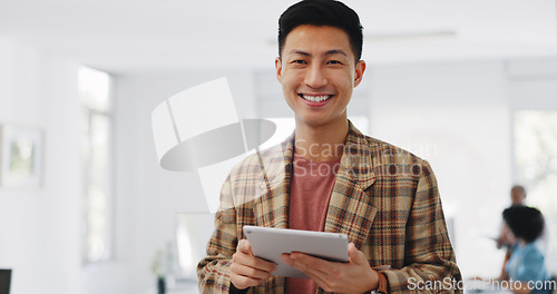 Image of Email, social media and face of a businessman with a tablet for marketing website, web communication and networking. Digital marketing, smile and portrait of an employee with tech for planning
