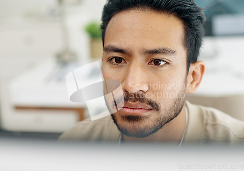 Image of Asian man, face thinking and idea with computer, planning and brainstorming for success in programming. Tech startup worker, executive focus and solution with innovation by desktop pc in workplace