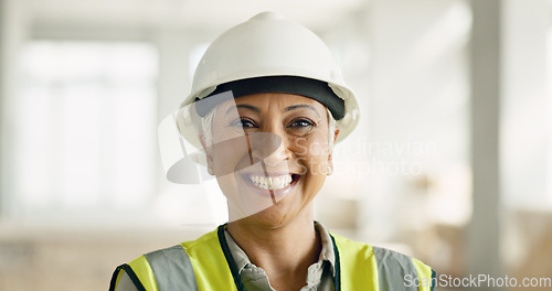 Image of Logistics, construction and architect working on renovation, building development and home maintenance. Face portrait of a mature worker with smile in management of an architecture home project